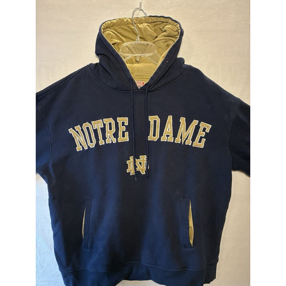 Vintage Russell Athletic Notre Dame XL Navy/Tan Hoodie Embroidered Appliqué Logo